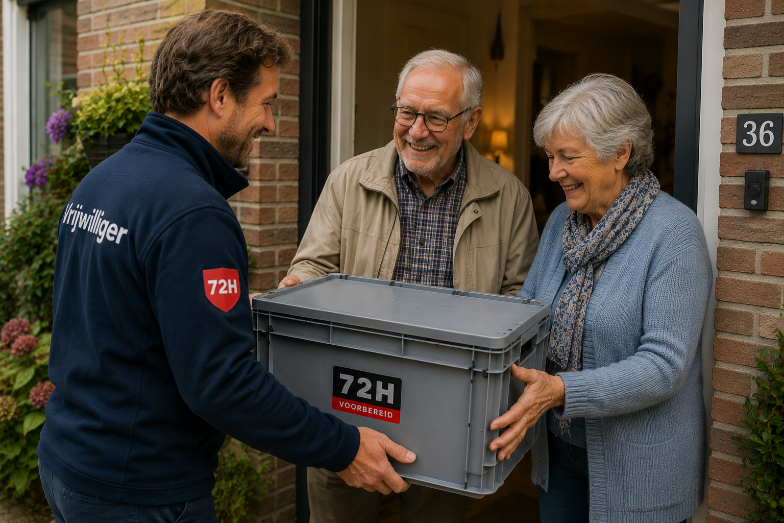 Een noodpakket wordt overhandigd aan een oudere ontvanger