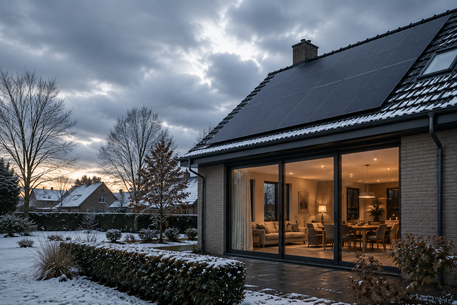 Woning met zonnepanelen op een donkere winterdag